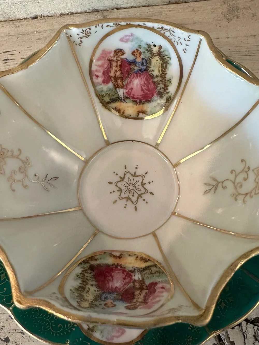 Lefton Scalloped Fluted Green Tea Cup  Hand Painted Courting Couple Romantic